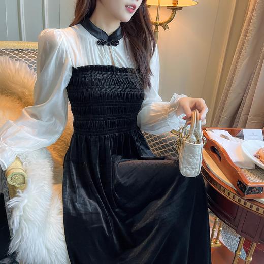 张心子【圣岛酒庄】复古国风拼接连衣裙女2023秋冬新款宴会礼服裙 U2310026 商品图1