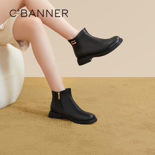 千百度真皮时装靴秋冬百搭英伦风美拉德短靴女鞋粗跟增高保暖A23520531 商品图2