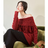 西遇韩式一字肩长袖毛衣女2023秋冬新款宽松复古百搭慵懒风上衣D2338861 商品缩略图0
