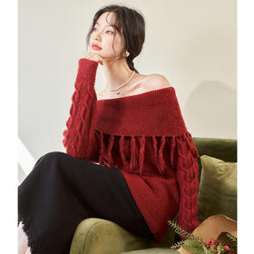 西遇韩式一字肩长袖毛衣女2023秋冬新款宽松复古百搭慵懒风上衣D2338861