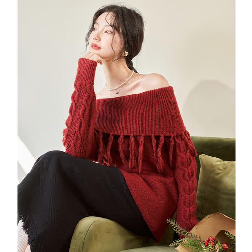 西遇韩式一字肩长袖毛衣女2023秋冬新款宽松复古百搭慵懒风上衣D2338861 商品图0
