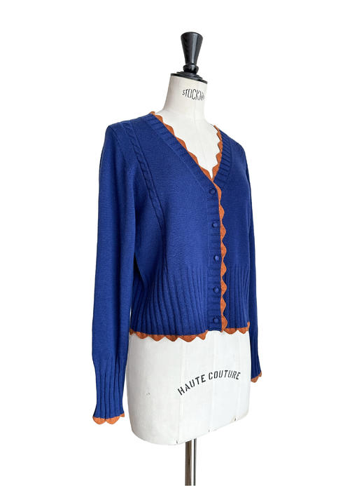 TYNVIE 波浪纹饰边撞色羊绒开衫-蓝色 商品图5