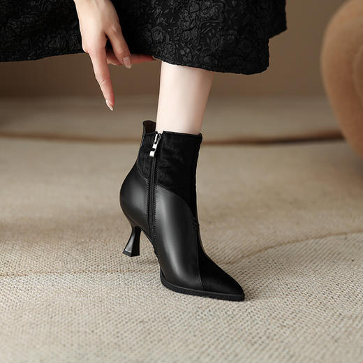 法式尖头细跟短靴，后拉链及裸靴高跟显瘦靴NY-N2317 商品图1