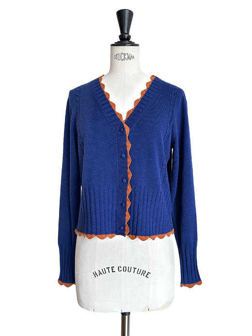 TYNVIE 波浪纹饰边撞色羊绒开衫-蓝色 商品图4