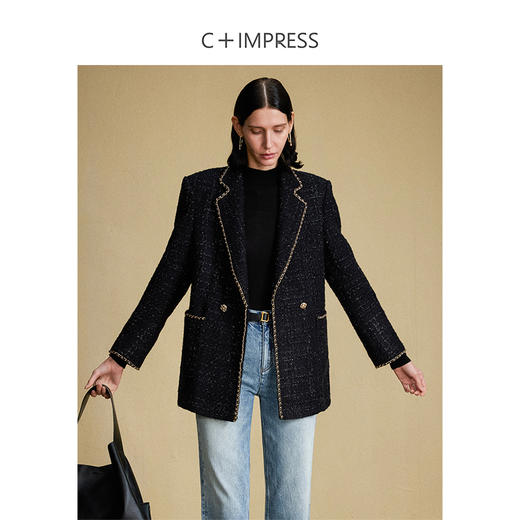 西嘉C+IMPRESS/西嘉黑色西装外套女小香风式链条饰边羊毛粗花呢WT2304077 商品图2