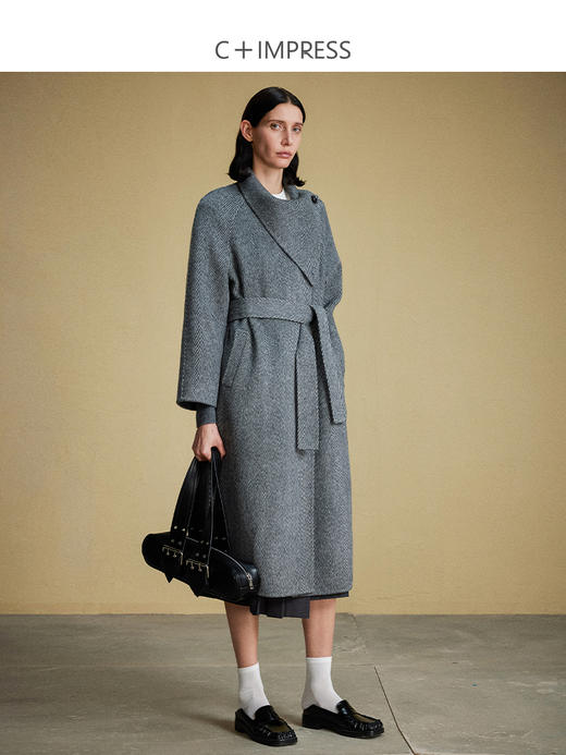 DY2304076西嘉C+IMPRESS/西嘉人字纹双面呢大衣女羊驼贝贝围巾领羊毛外套 商品图2