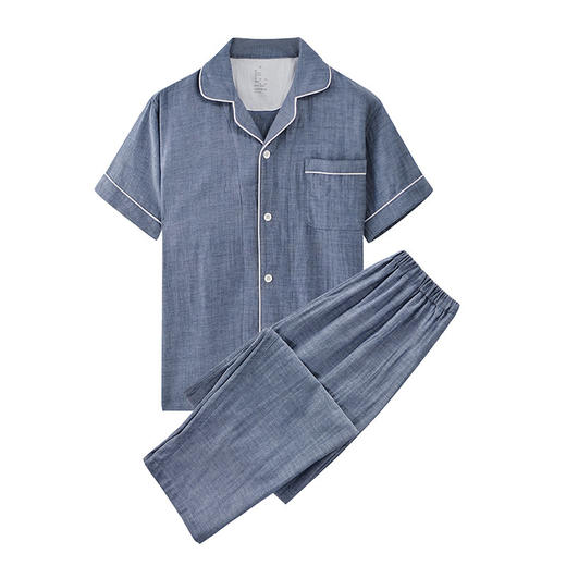 【双层纱短袖长裤家居服】小格纹双层纱家居服情侣家居睡衣纯棉短袖款 商品图10