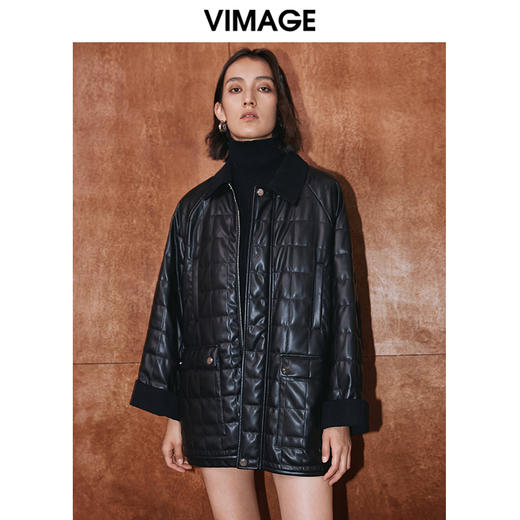 VIMAGE纬漫纪冬季新款时尚显瘦压纹保暖皮羽绒外套女V2010603 商品图0
