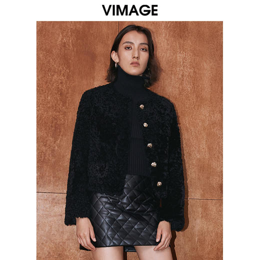 VIMAGE纬漫纪冬季新款气质修身羊毛羊皮革短外套大衣V2093601 商品图3