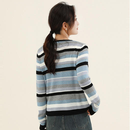 冷色ins初秋薄款小外套，新款法式撞色条纹宽松长袖针织开衫GYM-SW0899 商品图2