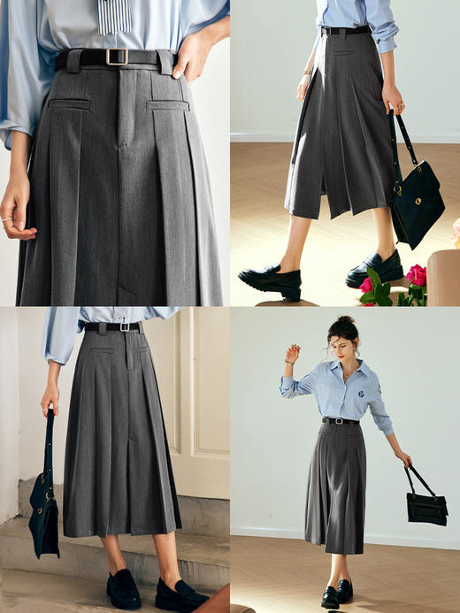 欧芮儿法式灰色百褶裙半身裙女春2025新款小个子高腰A字西装长裙 商品图1