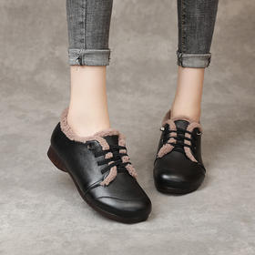 头层牛皮棉鞋平底，休闲毛毛鞋圆头羊毛保暖系带妈妈棉鞋MLD-9339