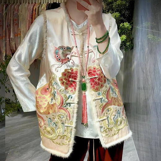 KDS-2328醋酸棉马甲女新中式中国风锦鲤刺绣马夹夹棉保暖坎肩 商品图0