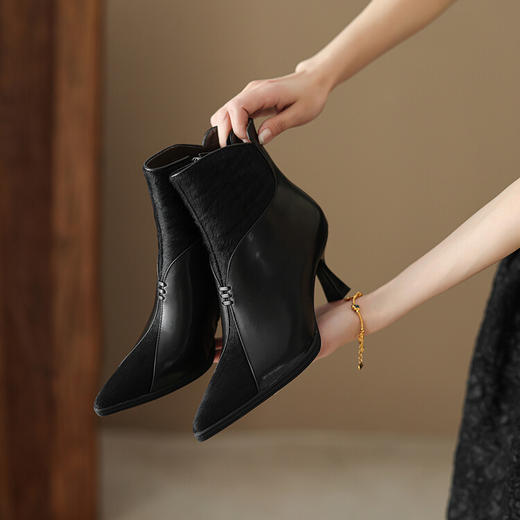 法式尖头细跟短靴，后拉链及裸靴高跟显瘦靴NY-N2317 商品图2