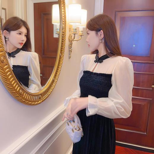 张心子【圣岛酒庄】复古国风拼接连衣裙女2023秋冬新款宴会礼服裙 U2310026 商品图3