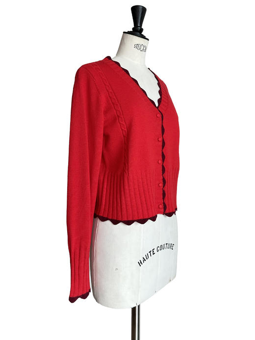 TYNVIE 波浪纹饰边撞色羊绒开衫-红色 商品图5