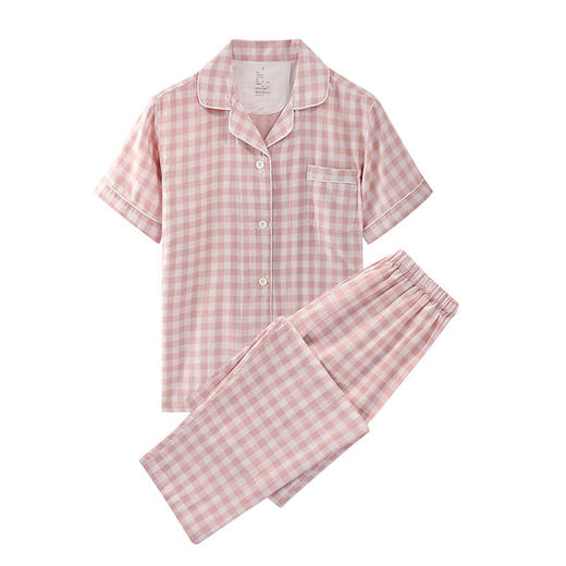 【双层纱短袖长裤家居服】小格纹双层纱家居服情侣家居睡衣纯棉短袖款 商品图9