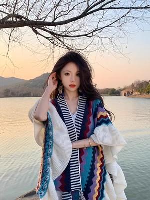 A669 2023新款民族风披肩女木耳边时尚穿搭针织斗篷波西米亚旅游外搭潮 商品图8