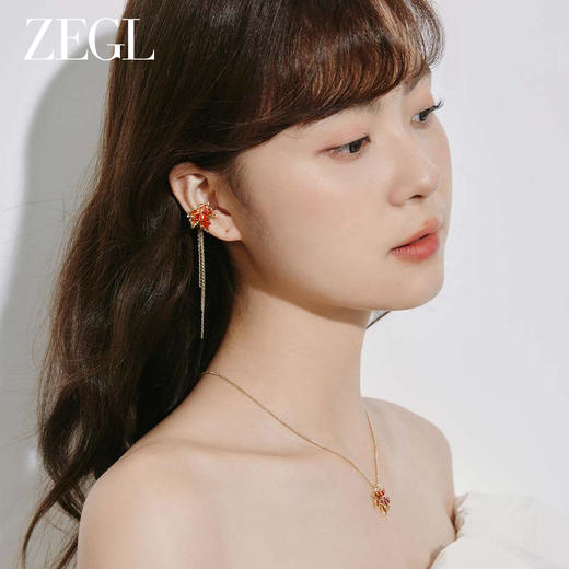 ZEGL设计师枫林晚系列枫叶流苏耳夹女无耳洞耳骨夹长款不对称耳饰 商品图1