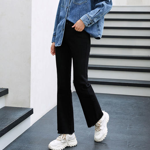 玳莎高腰三扣微喇牛仔裤女冬季新款时尚微弹显瘦毛边设计休闲裤   DD36307 商品图1