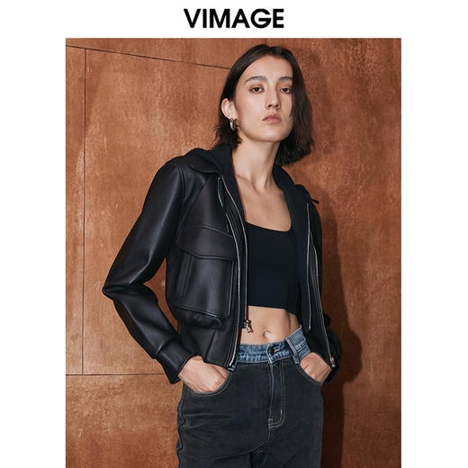 VIMAGE纬漫纪冬季新款个性帅气纯色短款连帽皮衣短外套V2093602 商品图1