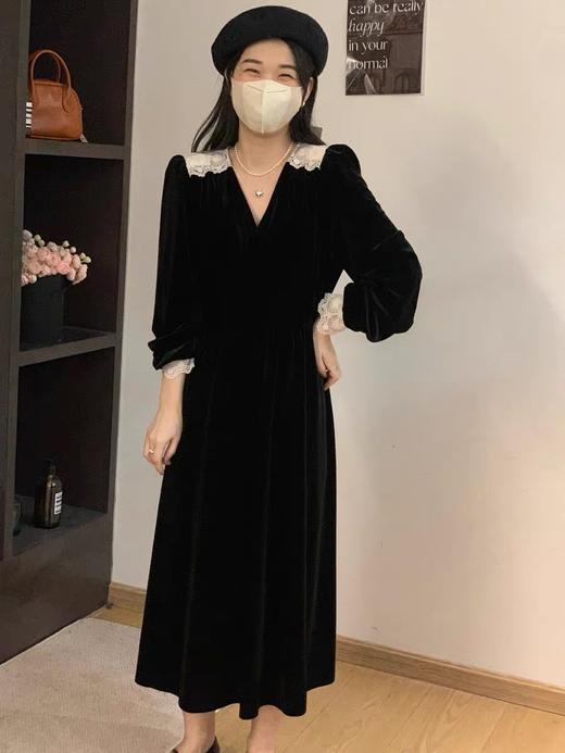 高级感复古丝绒连衣裙 圆领蕾丝拼接气质女 商品图2
