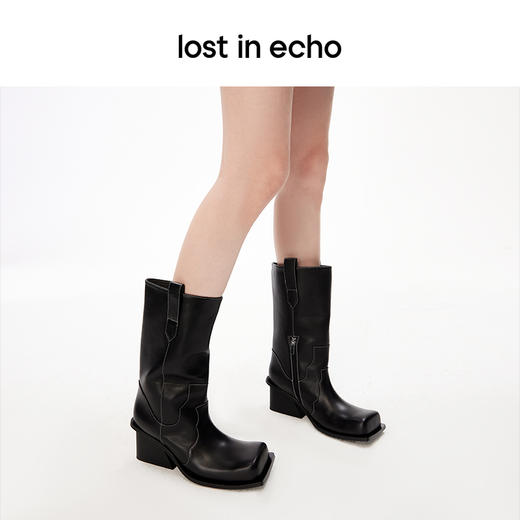 lost in echo设计师品牌显瘦增高翘方头宽筒粗跟拼色牛仔中筒靴女 商品图4