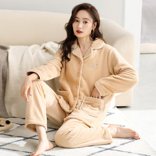 秋冬季【加厚加绒珊瑚绒睡衣】保暖法兰绒女式  大码家居服套装  五色可选 商品图3
