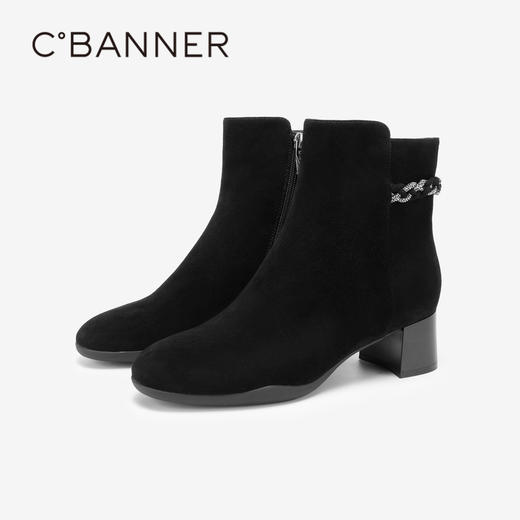 千百度保暖瘦瘦靴秋冬粗高跟短靴子时装靴羊皮女鞋A23591719 商品图4