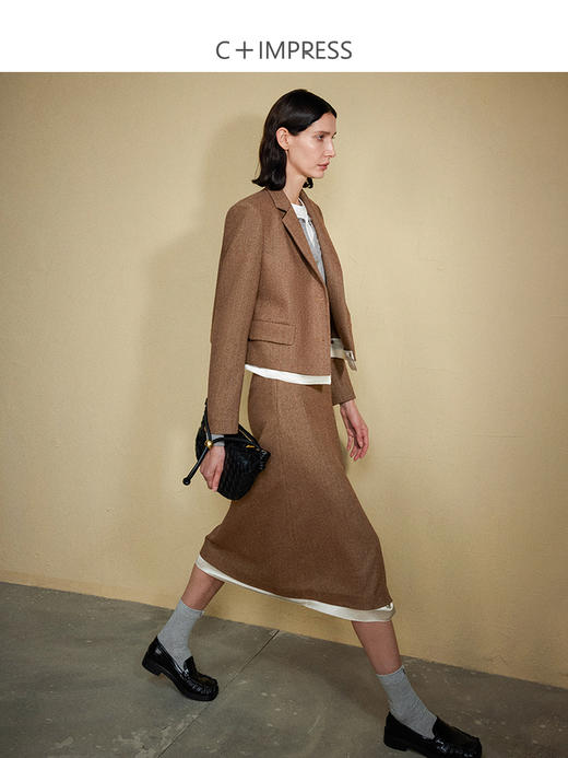 西嘉C+IMPRESS西嘉人字条纹羊毛MIU风西装外套女秋冬设计感半裙两件套WT2304049 商品图2