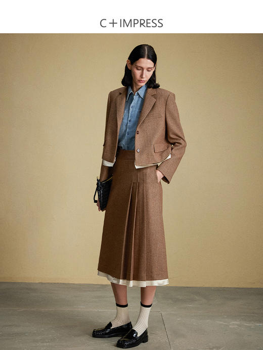 西嘉C+IMPRESS西嘉人字条纹羊毛MIU风西装外套女秋冬设计感半裙两件套WT2304049 商品图0