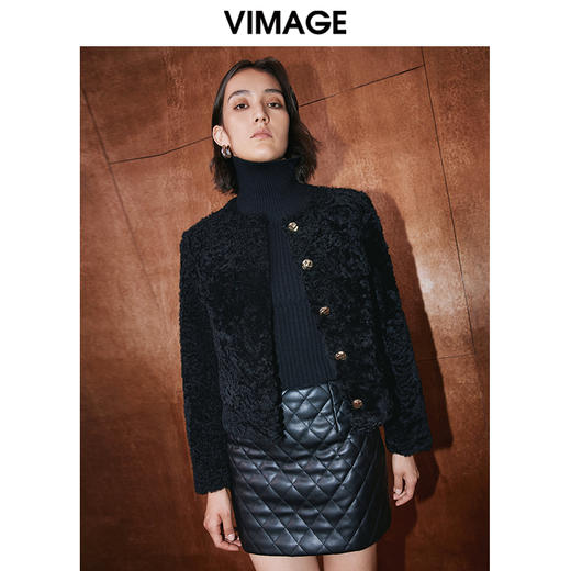 VIMAGE纬漫纪冬季新款气质修身羊毛羊皮革短外套大衣V2093601 商品图2