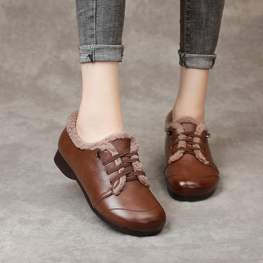 头层牛皮棉鞋平底，休闲毛毛鞋圆头羊毛保暖系带妈妈棉鞋MLD-9339 商品图1