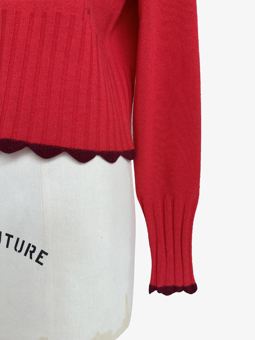 TYNVIE 波浪纹饰边撞色羊绒开衫-红色 商品图7