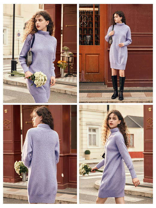 OLrain欧芮儿紫色毛衣连衣裙女秋冬2023新款茧型宽松高领针织裙子 商品图1