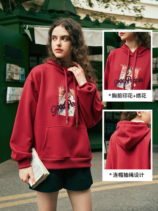 OLrain欧芮儿红色连帽宽松卫衣女春2025年新款时尚休闲加绒上衣 商品图2