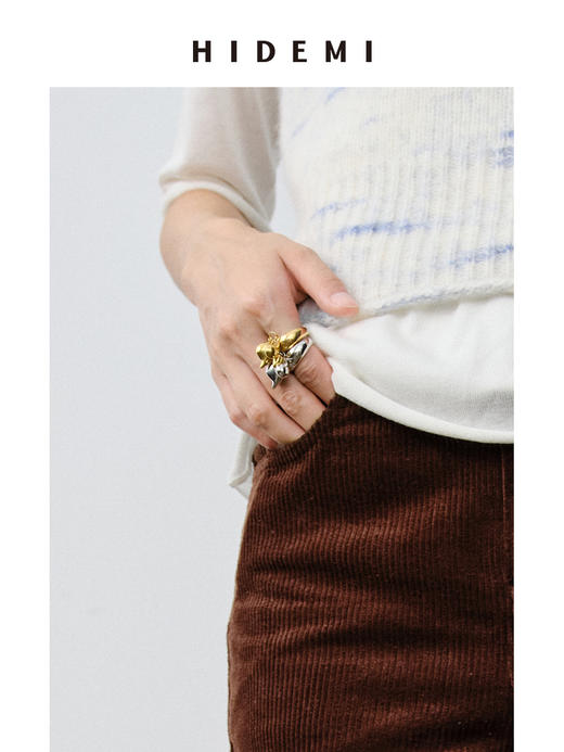 HIDEMI 河流水滴系列流线型设计感开口式金银拼色戒指 商品图3