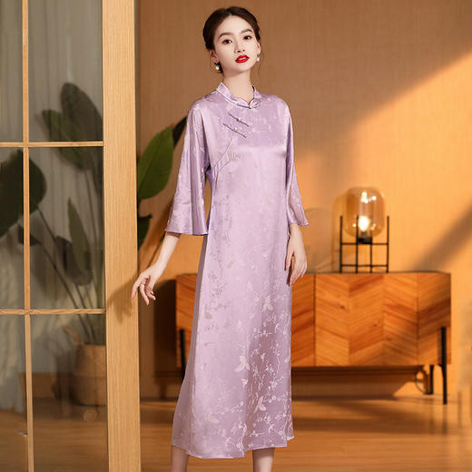 【AYK】醋酸提花改良立领七分袖长款宽松旗袍国风复古连衣裙2023秋新女装 商品图1