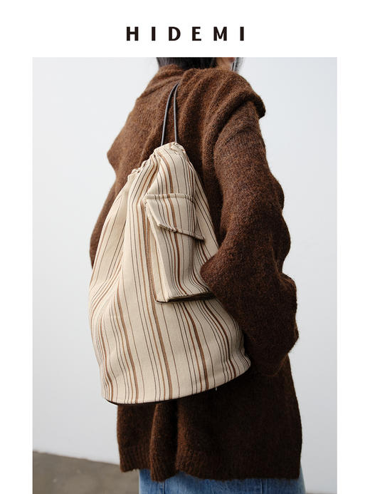 HIDEMI BOYBAG小男孩系列口袋双肩包 黑色环保皮/条纹帆布 商品图6