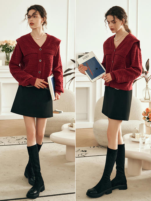 OLrain欧芮儿法式酒红色毛衣女秋装2023年新款宽松慵懒显瘦针织衫 商品图3