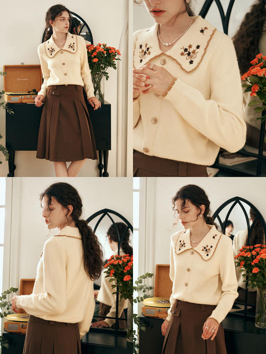 OLrain欧芮儿法式杏黄色毛衣女早春2025年新款复古宽松娃娃领上衣 商品图1