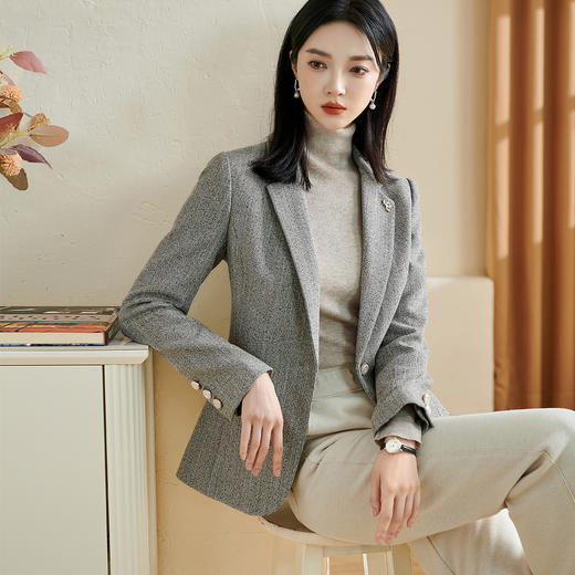 【S/L/XL】米思阳2024秋季新款通勤休闲西装肌理感收腰一粒扣灰色外套女3315 商品图0