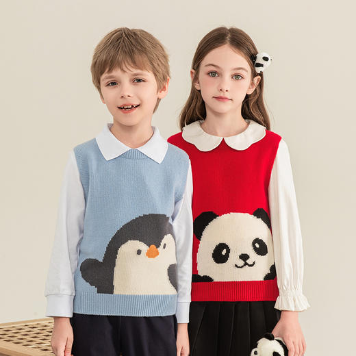 mettekids儿童羊绒背心2023秋季熊猫图案男童针织马甲女童毛衣 商品图0