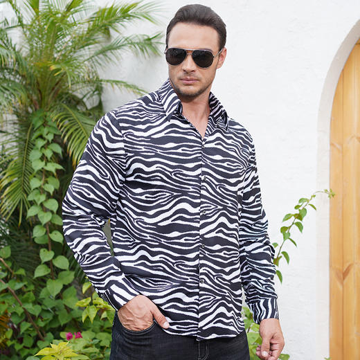 【一口价】【特大码】【新款DM】大依优型长袖衬衫花衬衫斑马纹男宽松加肥加大码男士休闲商务衬衣上衣胖子 商品图2