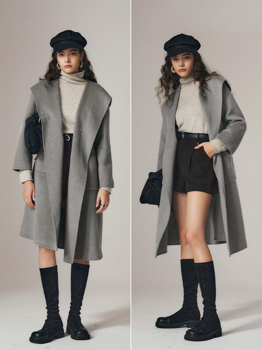 OLrain欧芮儿连帽双面毛呢外套女初秋2023新款高级感收腰长款大衣 商品图3