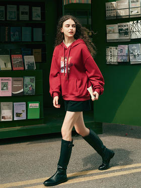 OLrain欧芮儿红色连帽宽松卫衣女春2025年新款时尚休闲加绒上衣