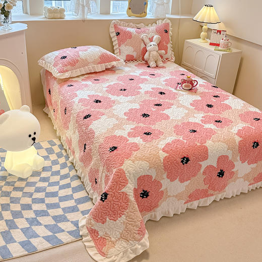 【下架】自然醒牛奶绒花边夹棉床盖冬季保暖珊瑚法兰绒榻榻米防滑加厚床单三件套炕单JY 商品图3