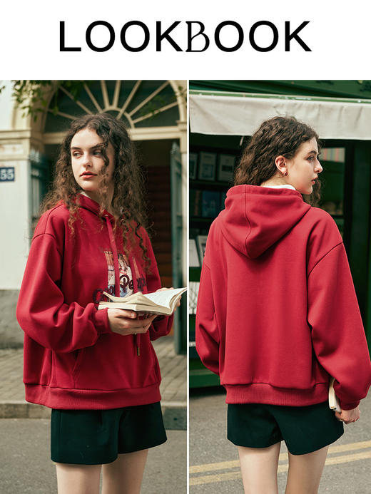 OLrain欧芮儿红色连帽宽松卫衣女春2025年新款时尚休闲加绒上衣 商品图3