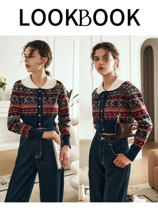 OLrain欧芮儿花色复古针织开衫女春装2025年新款撞色翻领修身毛衣 商品图3