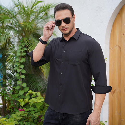 【特大码】【新款DM】大依优型纯色长袖衬衫三防衬衫口袋男宽松加肥加大码男士休闲商务衬衣上衣胖子净版 商品图2